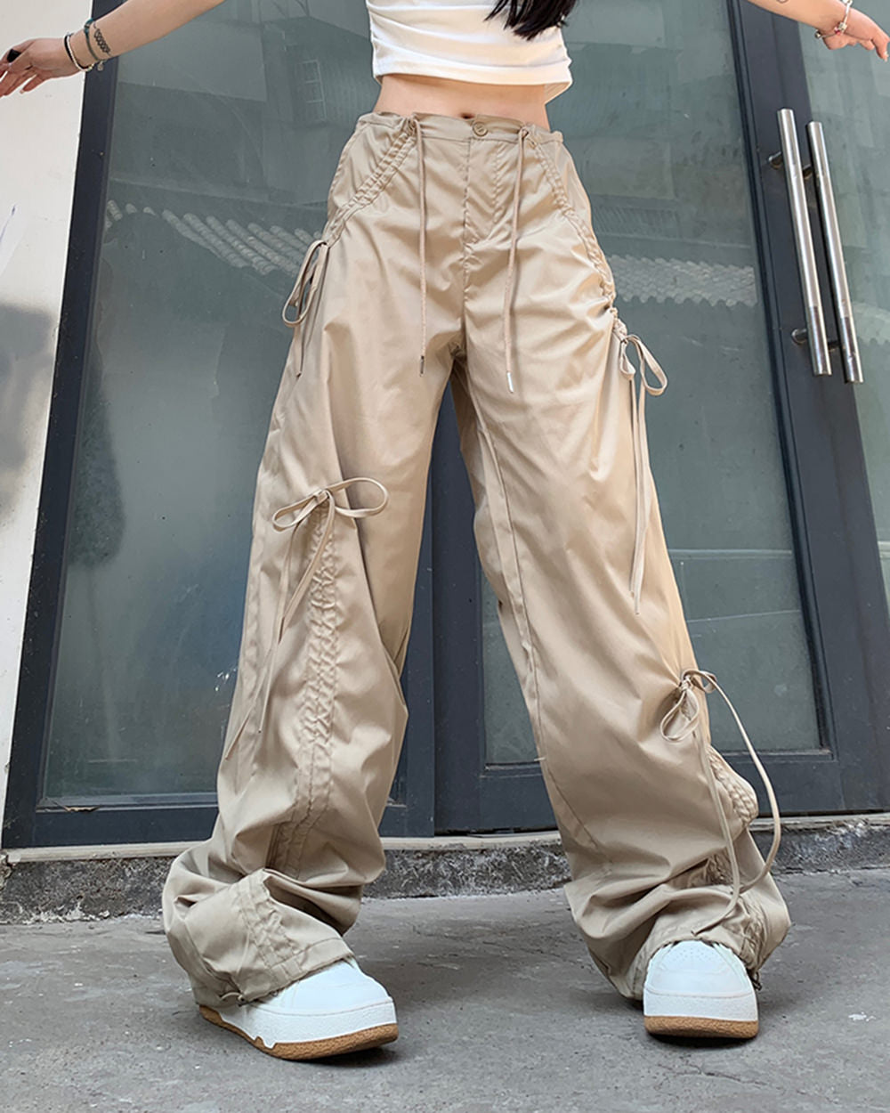 soft girl bows wide leg cargo pants