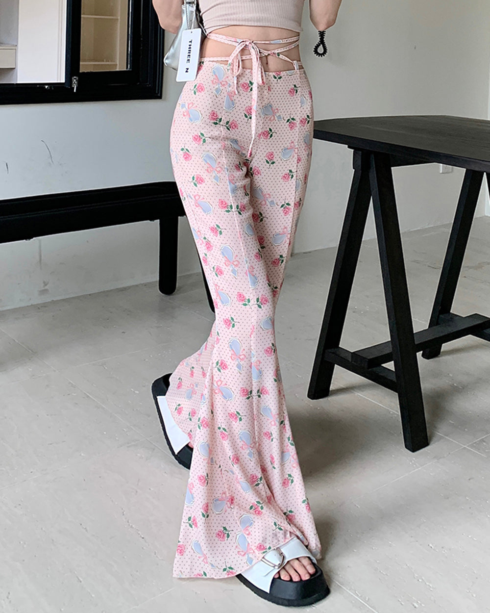 coquette roses & bows flared pants