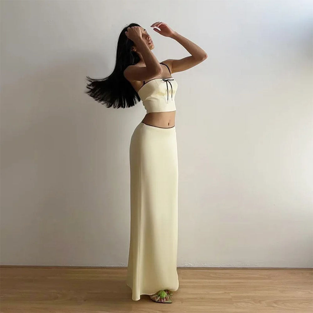 french summer satin top & maxi skirt set