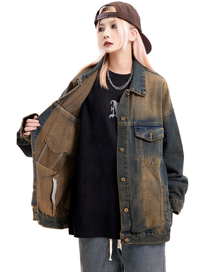 washed brown loose denim jacket