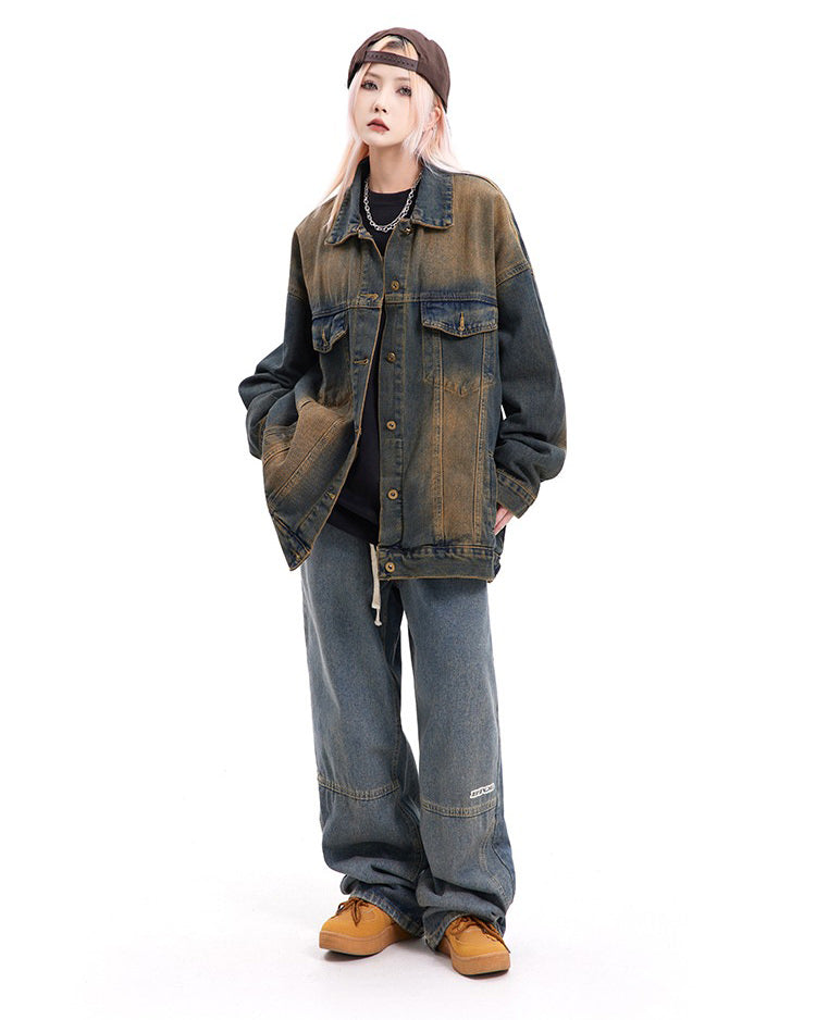 washed brown loose denim jacket